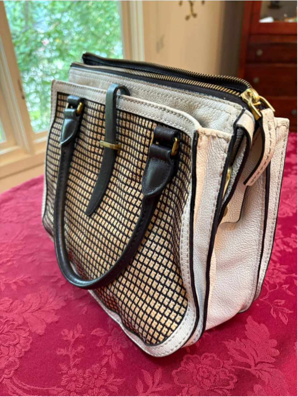 Fossil Beige and Black Perforated Leather Satchel Bag